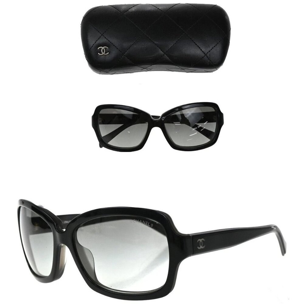 CHANEL CC Logo Sunglasses Eye Wear Plastic Leather Black 5143-A 63RP001
